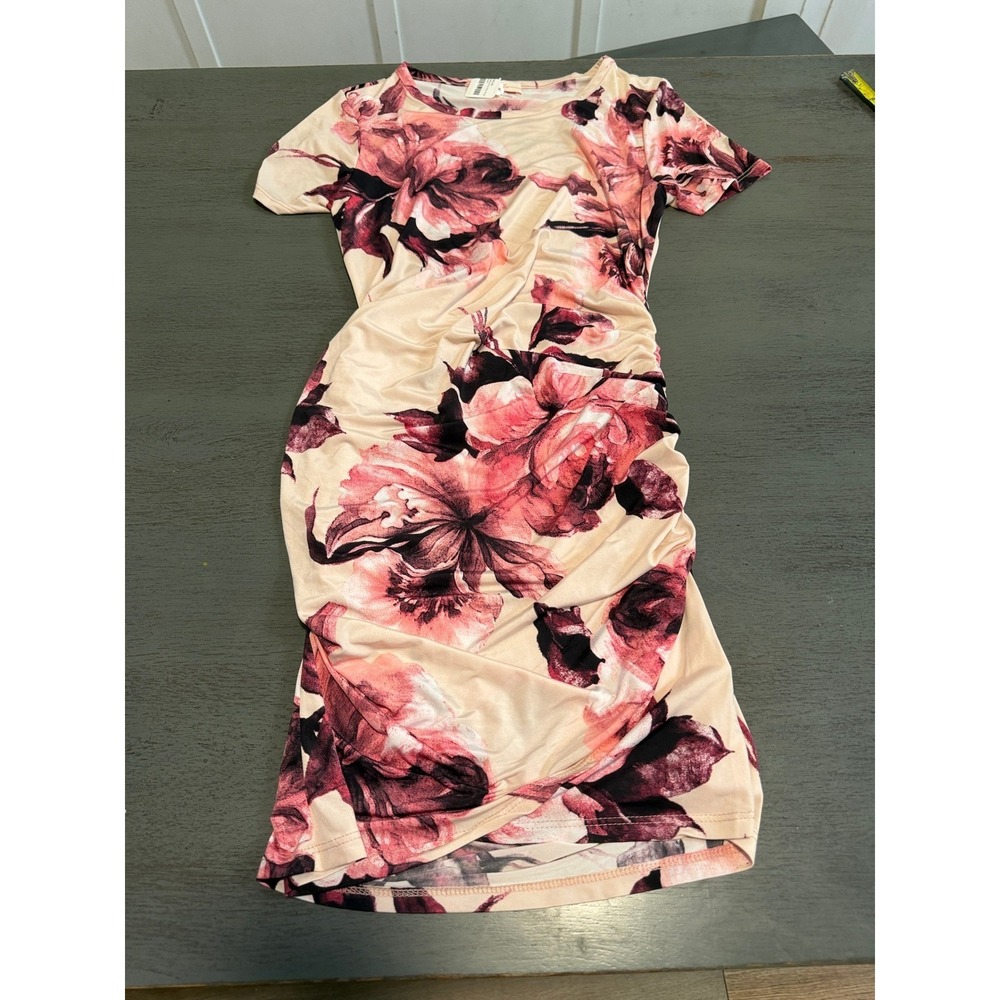 Hailey & Co Floral Ruched Bodycon Dress Pink Cream Short Sleeve Small SD3337